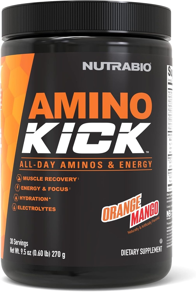 NutraBio Amino Kick – BCAA Pulver mit natürlichem Koffein – Aminosäure-Ergänzung für Energie, Hydration & Recovery – BCAAs, Elektrolyte & Aminosäuren – Orange Mango, 30 Servietten