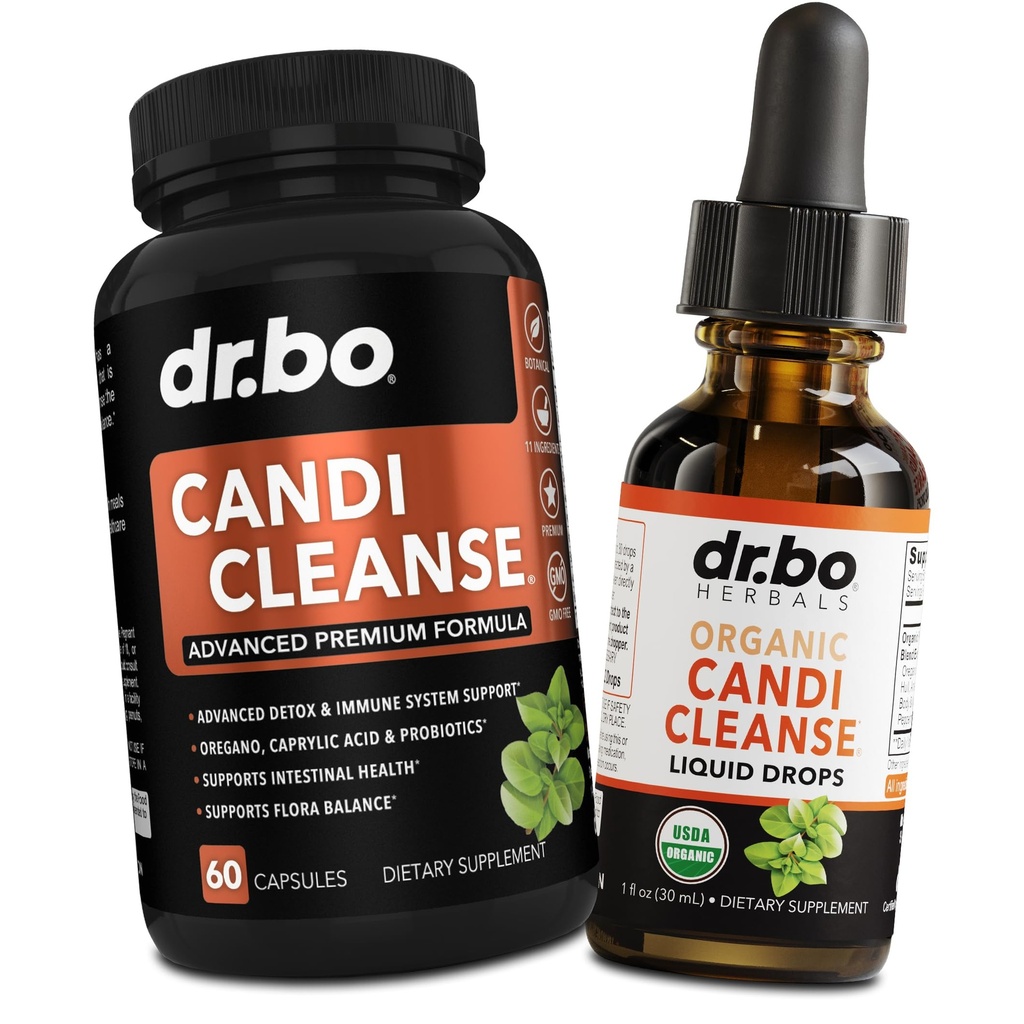 Candi Cleanse Supplément de soutien Pills & Drops - Huile d'Origan Organique Drops Liquid & Black Walnut Wormwood - Extra Strength Natural Oral Gut Cleanser Detox Health Supplements & Caprylic Acid Capsules
