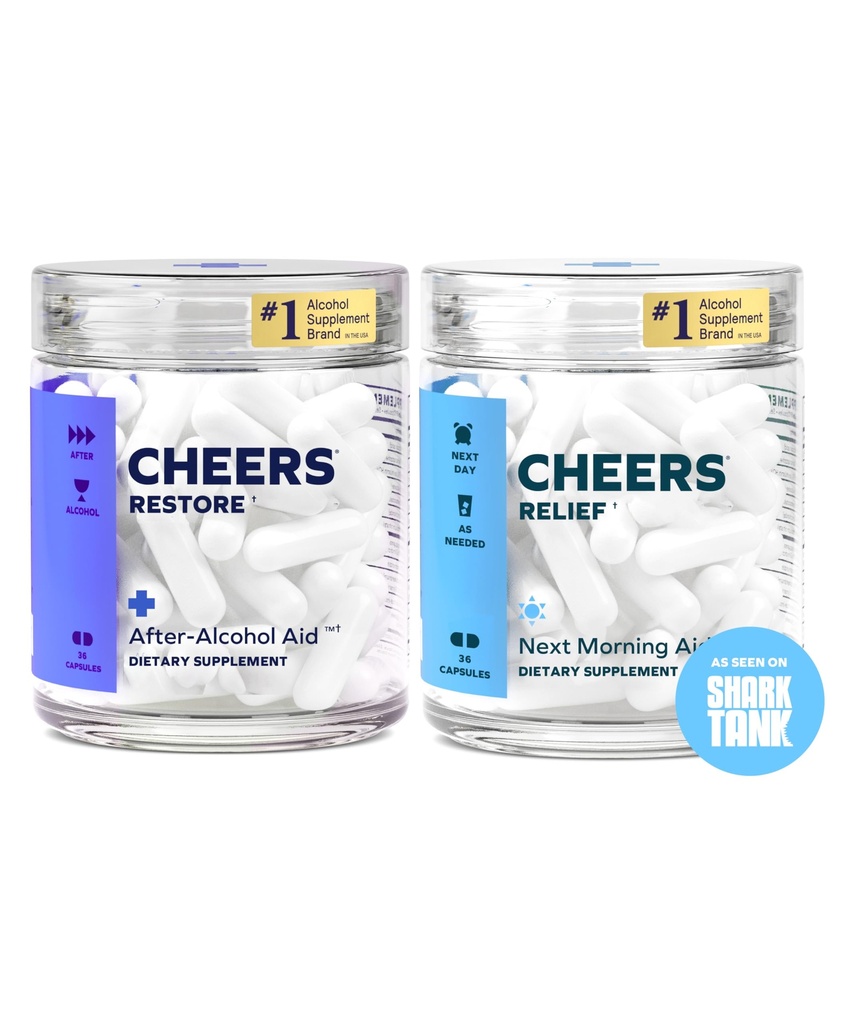Cheers R&R Combo | Restore + Relief | Fühlen Sie sich besser nach dem Trinken und unterstützen Sie Ihre Liver | DHM, L-Cystein, Milchdistel, Ingwer, Weiß Willow Bark, Koffein, L-Theanine | 12 Dosierungen Jede | Ergänzungen