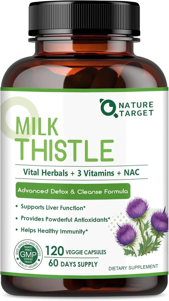 NATURE TARGET Lait Thistle Supplément pour le nettoyage du foie Detox & Réparation, Supplément de soutien avec 350mg de 30:1 extrait de chardon de lait équivalent à 10500mg, 120 Capsules de légumes(60 jours d'approvisionnement)