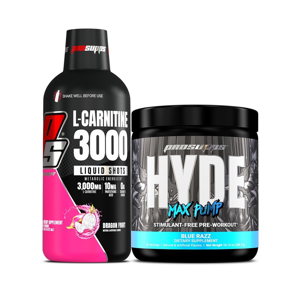 PROSUPPS L-Carnitine 3000 Stimulant Tirs liquides libres (31 portions, fruits du Dragon) et Hyde Max Pump préentraînement pour les hommes et les femmes (20 portions, Razz bleu)