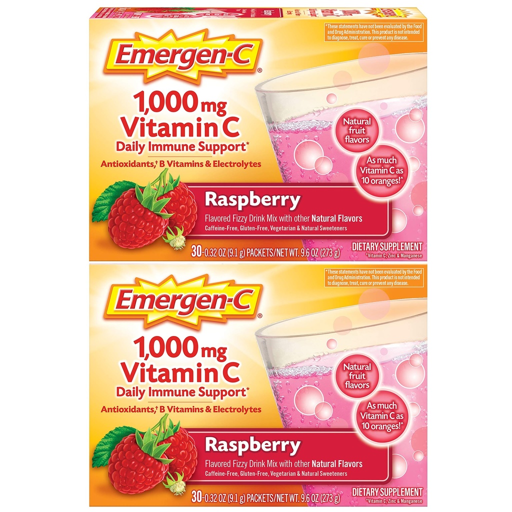 Emergen-C 1000mg Vitamin C Pulver, mit Antioxidantien, B Vitamine und Elektrolyte, Vitamin C Nahrungsergänzungsmittel für Immununterstützung, Koffeinfreie Getränkemischung, Himbeer Geschmack - 60 Count/2 Month Versorgung