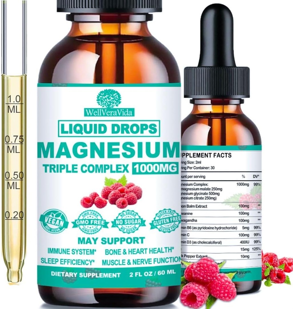 Triple Magnesium Complex, 500mg Magnesium Glycinat, Citrat & Malat w. Vitamin D3 K2, Chelat Formen hohe Absorption, flüssiges Magnesium Complex w/B6 Zink für Knochen, Schlaf, Herz, Energie Nerve