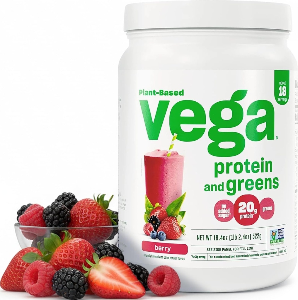 Vega Protein and Greens Protein Powder, Berry - 20g Plant Based Protein Plus Veggies, Vegan, Non GMO, Pea Protein für Frauen und Männer, 1,2 lbs (Packaging May Vary)