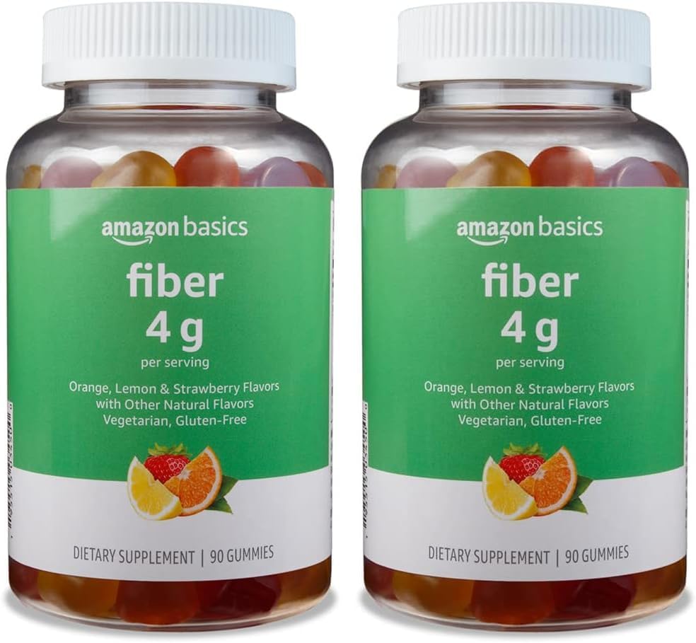 Amazon Basics (vorher Solimo Fiber 4g Gummy - Verdauungsgesundheit, Unterstützt Regularität, Orange, Zitronen & Erdbeere, 90 Gummi (2 pro Servierung) (Pack von 2)