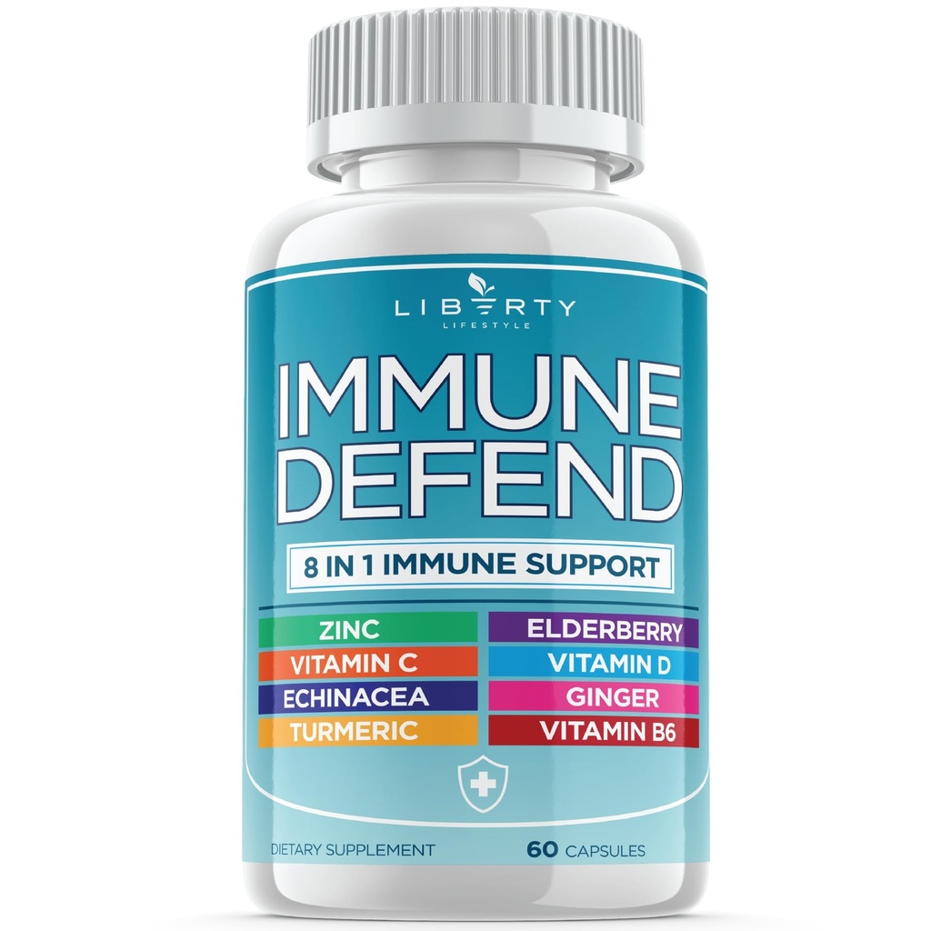 8 in 1 Immune Defense Support, Immunität Kapseln Supplement mit Echinacea Zink 50mg, Vitamin C, D3 5000 IU, Kurkuma & Ginger, Echinacea - für Kinder Erwachsene (1 Pack)
