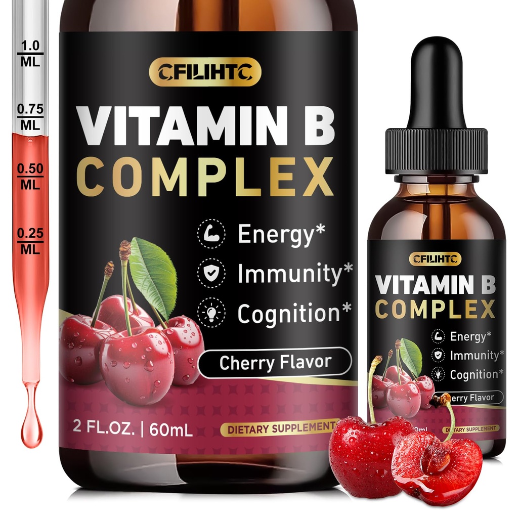 Vitamine B gouttes liquides complexes, B supplément complexe de vitamines avec B1, B2, B3, B5 B6, B7, B9 et méthyl B12 gouttes pour adultes et enfants, végétalien, goût de cerise