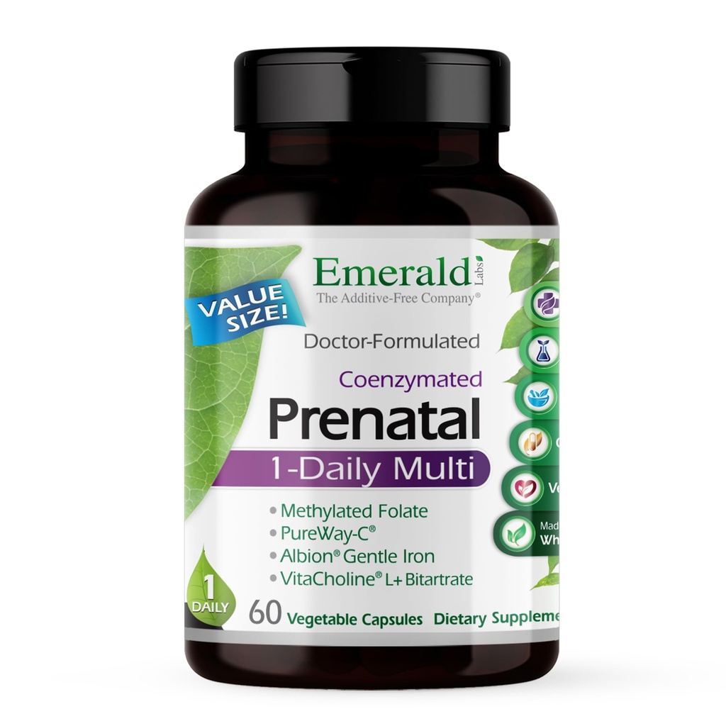 EMERALD LABS Prenatal 1-Daily Multi - Prenatal Multivitamin mit methyliertem Folat, Eisen, Ganz-Food Blend &amp; Mehr - Soja-Free, Gluten-Free - 60 Gemüsekapseln
