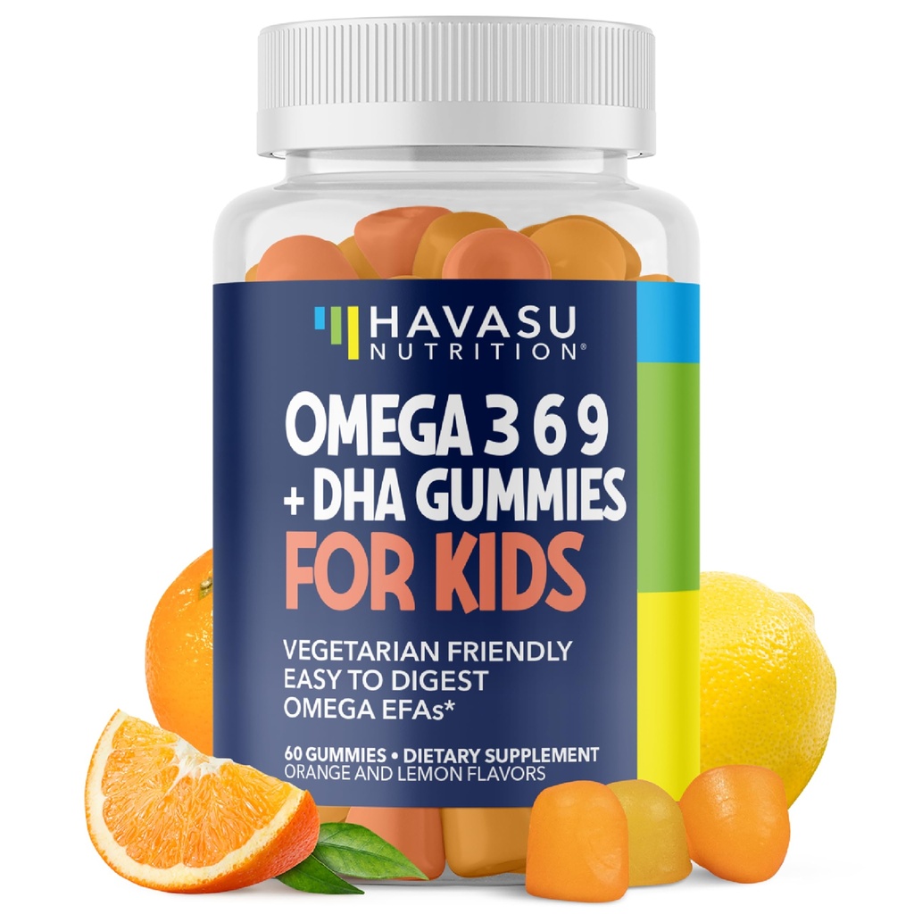 Omega 3 6 9 + Gommies DHA pour les enfants - Huile végétale de poisson avec DHA et EPA pour les enfants 2+ pour soutenir le développement du corps et du cerveau - Pas de goût de poisson - Saveurs citron et orange - 60 Comte