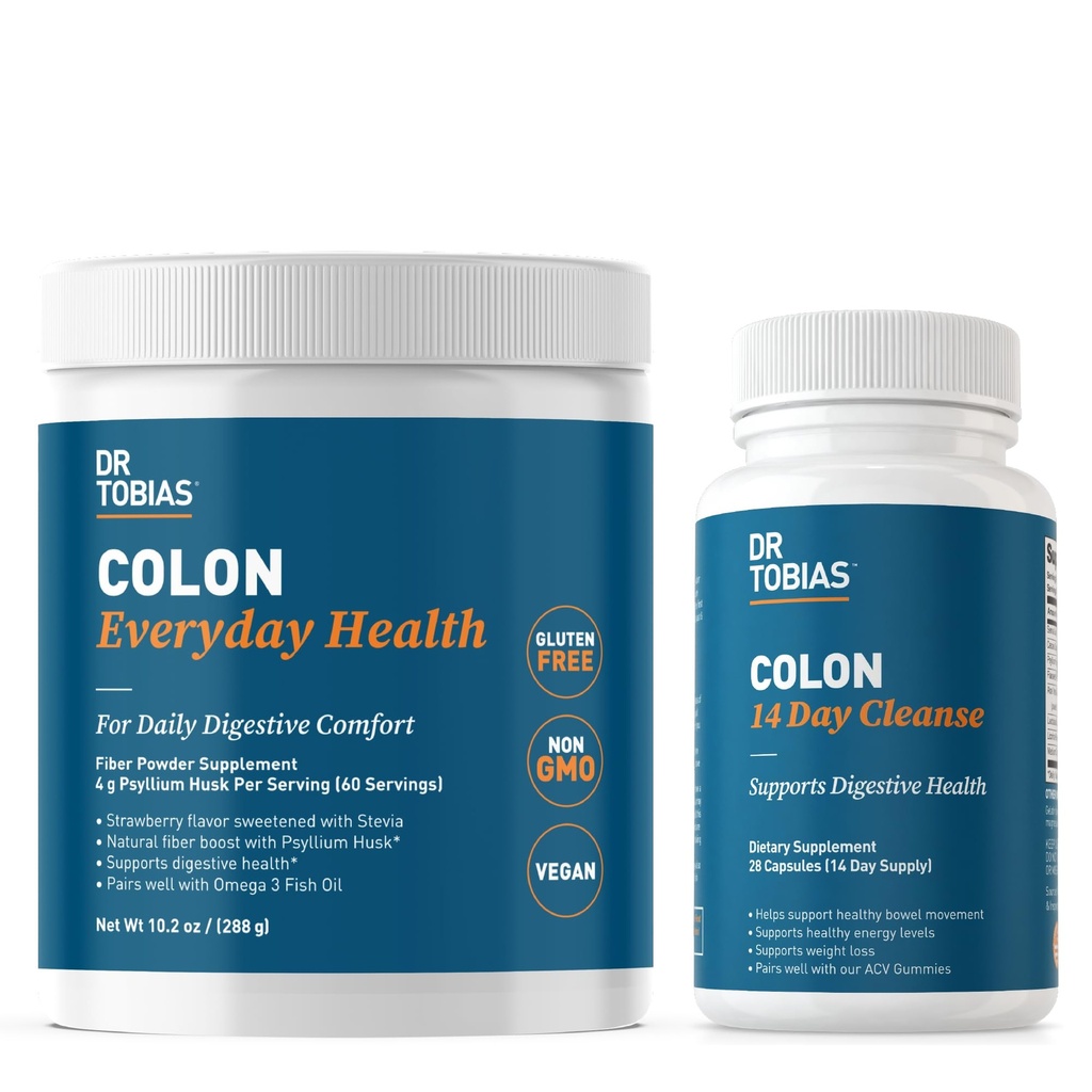 Dr Tobias Colon 14 Day Cleanse and Colon Everyday Health, Advanced Gut Cleanse Detox & Daily Digestive Support with Psyllium Husk Fiber Powder, Digestive Wellness Bundle, Non-OGM