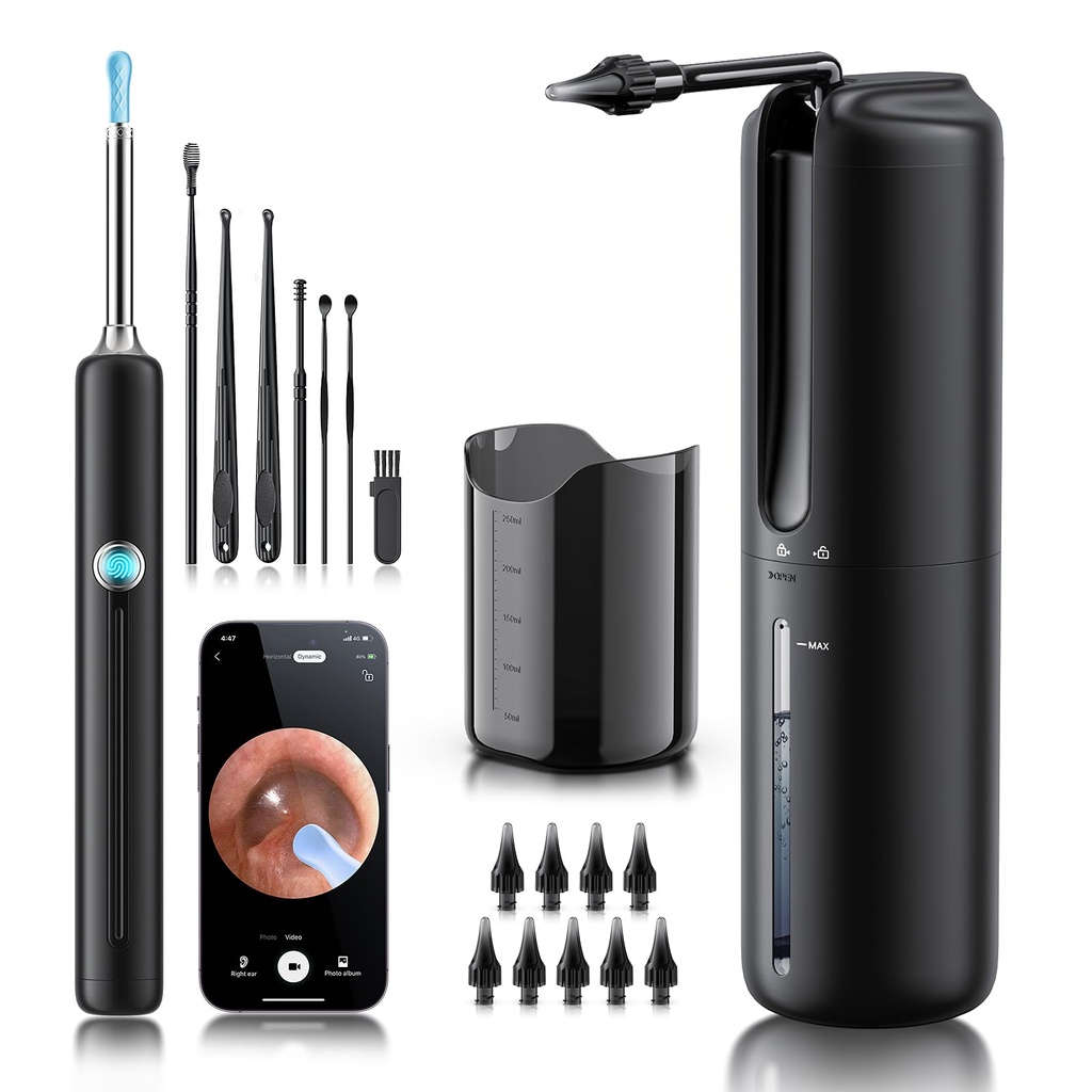 Ear Wax Entfernung - Elektrisches Ohr Bewässerungssystem mit 4 Druckmodi, Ear Cleaner mit Kamera, 1080P Otoscope, Ear Cleaning Tool mit 7 Stk Ear Set, Safe and Effective Earwax Removal Kit