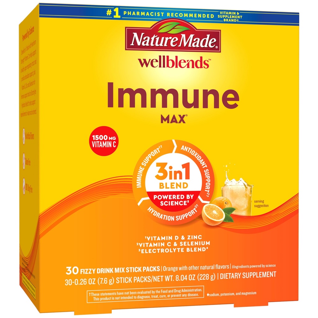 Nature Made Wellblends ImmuneMAX Fizzy Drink Mix, Vitamin C 1500mg, Zink 15 mg, Vitamin D3 1000 IU (25 mcg), plus B Vitamine und Elektrolyte Hydration Blend, 30 Stick Packs