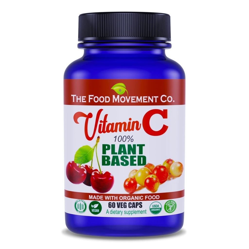 Le CO MOUVEMENT DES ALIMENTS. 100% Vitamine végétale C 60 Capsules 125mg - Adults Immune System Antioxydant Support Supplément diététique - Compléments végétaliens pour aliments entiers à partir de fruits organiques non-OGM sans gluten
