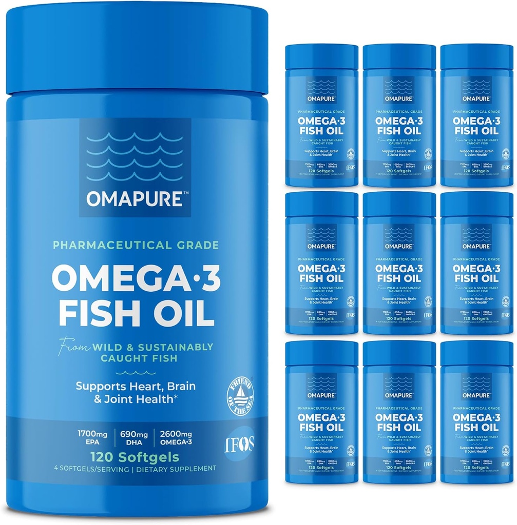 OMAPURE Wild Caught Omega-3 Ergänzungen mit High EPA & DHA (10 Flaschen, 120 Softgels) - Burpless Formula unterstützt Herz & Gelenkgesundheit, fördert Gehirnfunktion
