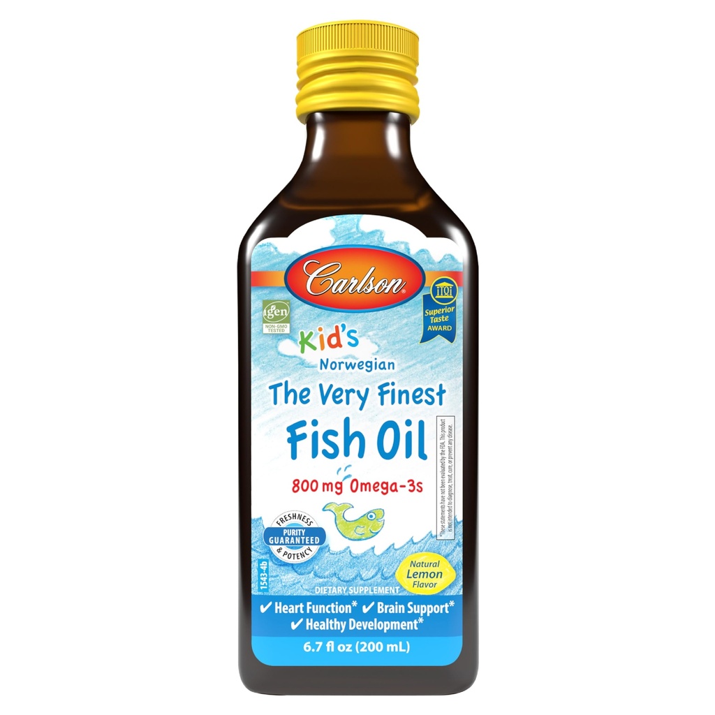 Carlson - Kid's The Very Finest Fish Oil Liquid, 800 mg Omega-3s, Norwegian, Wild-Caught Fish Oil, Omega 3 Liquid für Kinder, Sustainable Sourced, Lemon, 200 ml