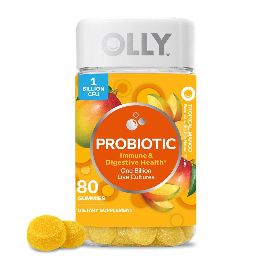 Gummy probiotique OLLY, système immunitaire et soutien digestif, 1 milliard d'UFC, supplément probiotique à croquer, aromatisé par la mangue, approvisionnement de 40 jours - 80 comtes