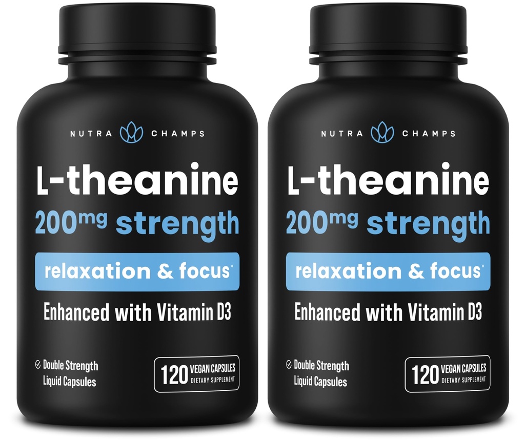 NutraChamps L-Theanine 200mg Capsules, Double-Strength L-Theanine Liquide avec Vitamine D3, Huile de coco biologique, 120 Capsules Vegan (Pack de 2)