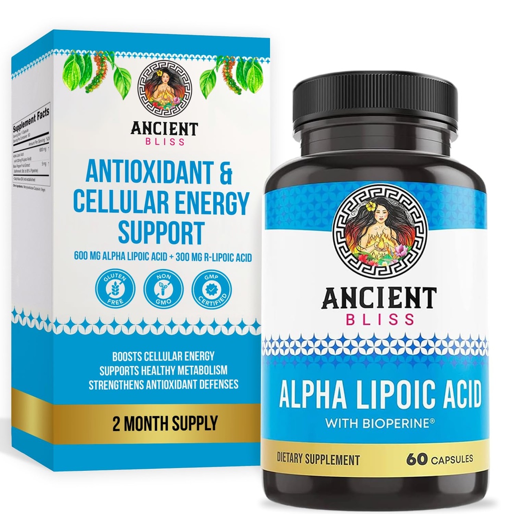 Antike Bliss Alpha-Liposäure-Ergänzung, Antioxidans und Energie-Unterstützung, ALA-Ergänzung mit Bioperin, keine Gluten und Soja, 600mg pro Servierung, 60 Vegan-Kapseln