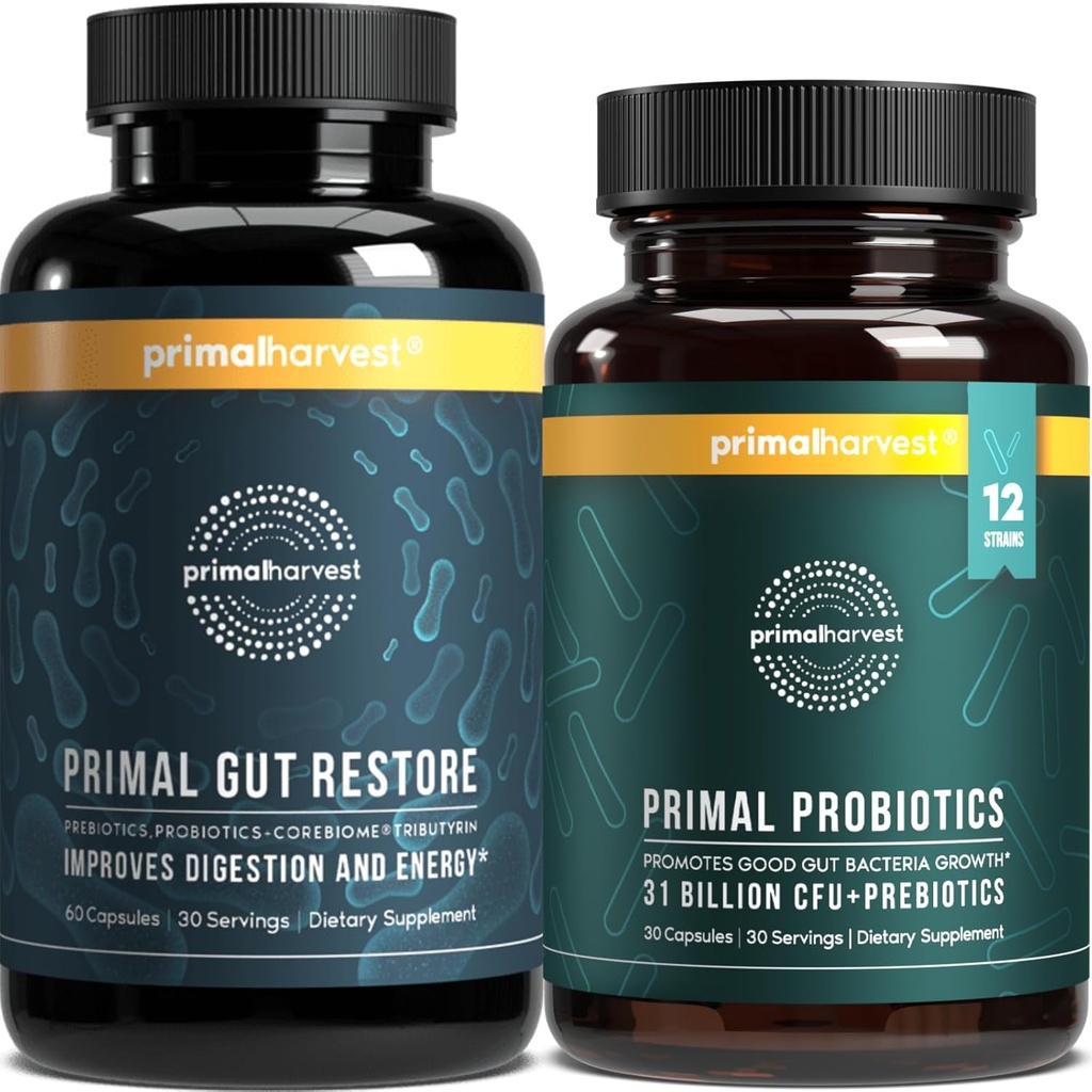 Primal Harvest Probiotics & Gut Health Supplements für Frauen und Männer Pre und Probiotics mit 31 Billion CFU und Gut Restore Digestion Pillen Bundle