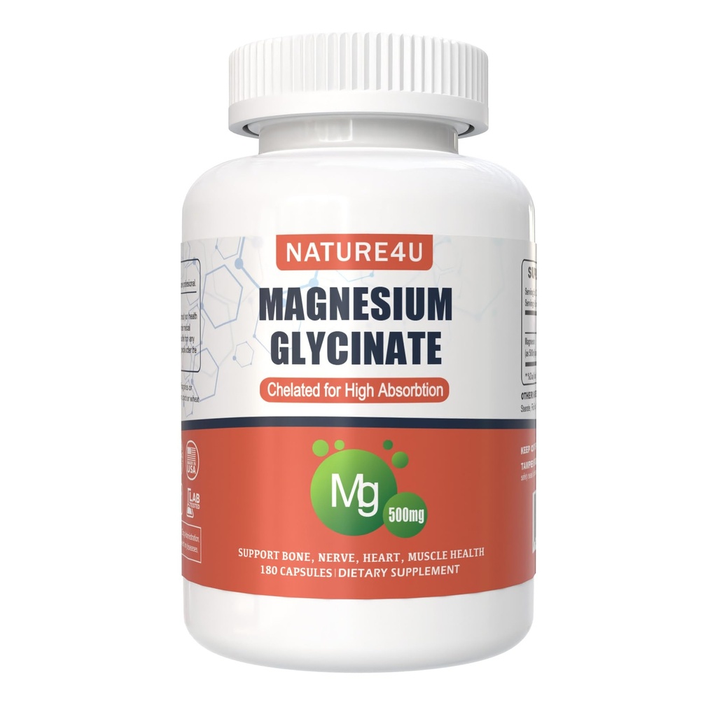 Magnésium Glycinat 500mg, 100% chélate pour supplément de magnésium à haute absorption pour le sommeil, le muscle, le cœur, le jamais et le os, 180 Capsules