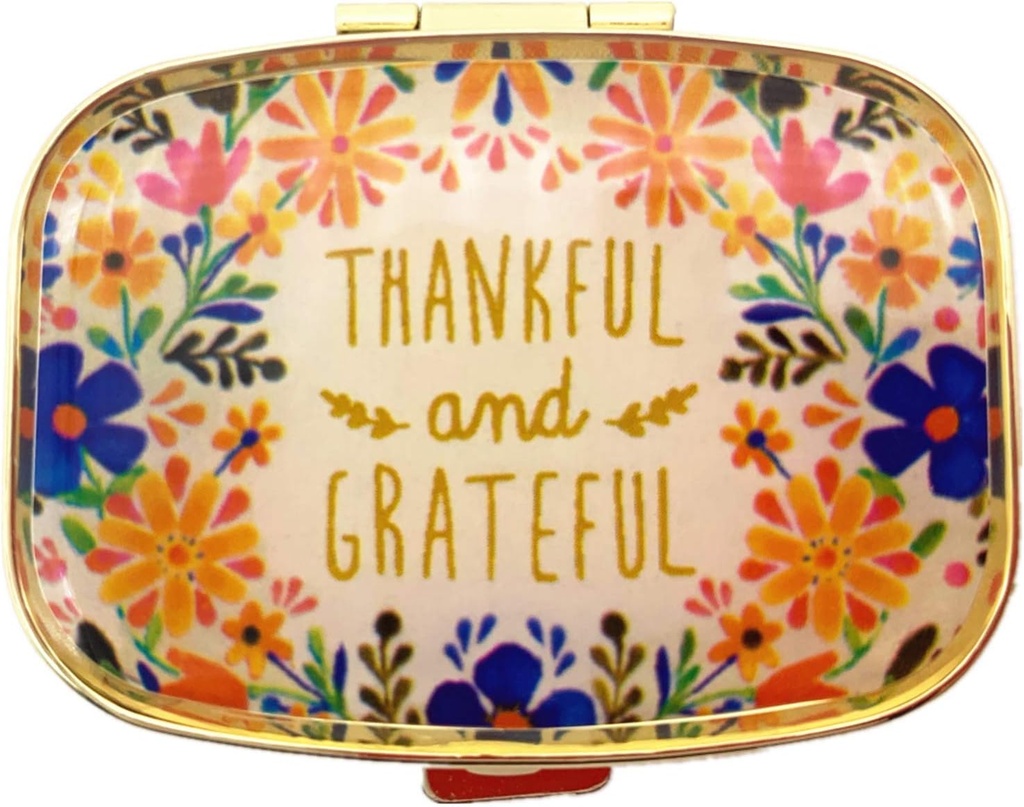 AmyZone Metal Pill Organizer Travel Friendly Portable Compact Pill Box 2 Compartments Pill Case to Hold Vitamins/Tylenol/Fish Oil/Supplements/Meds/Tablet for Purse/Pocket(Thankful and Grateful)