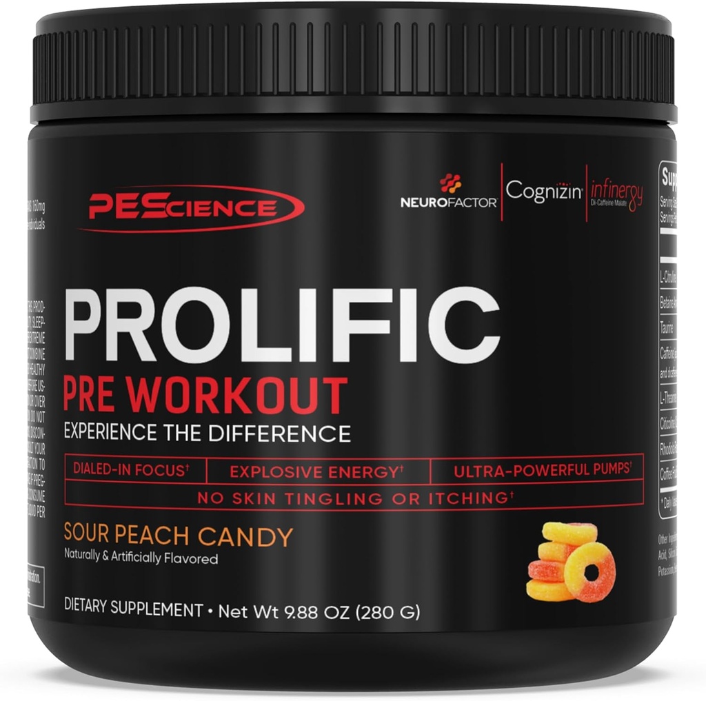 PEScience Prolific Pre Workout Pulver für Männer und Frauen mit L-Citrulline Nitric Oxid Booster, Energy Powder & Nootropic for Focus – Vorbereitung ohne Beta Alanine – 40 Scoops, Sour Peach Candy