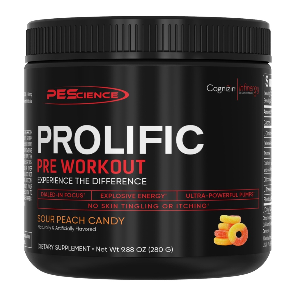 PEScience Prolifique poudre de pré-entraînement pour les hommes et les femmes avec L-Citrulline Nitric Oxide Booster, Energy Powder & Nootropic pour Focus – Pré-travail sans Beta Alanine – 40 Scoops, Sour Peach Candy