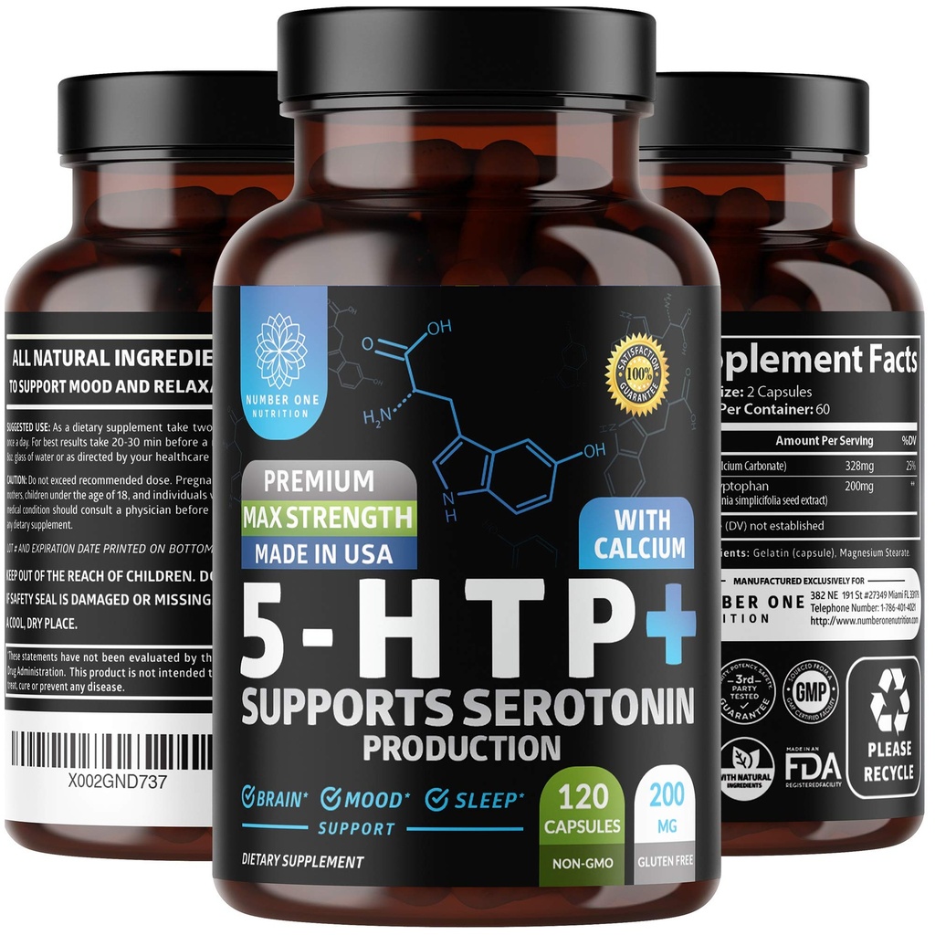 N1N Premium 5-HTP 200mg Plus Calcium, Hergestellt aus Griffonia Seed Extract, Non GMO und Gluten frei, 120 Caps