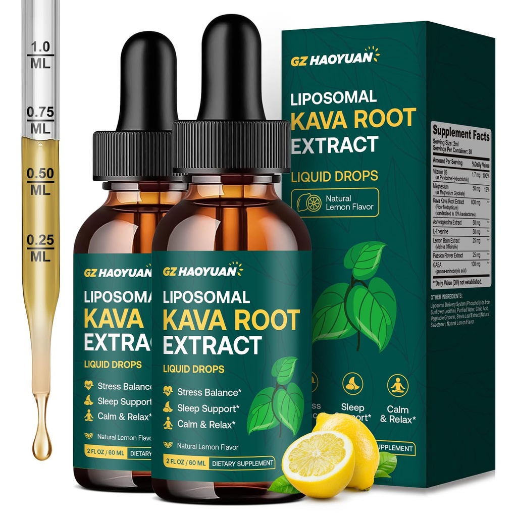 Kava Kava Liquid for Calming & Relaxation – Liposomal Kava Root Extract Supplement with GABA, Ashwagandha & Magnesium - Support Mood & Better Sleep, Vegan Kava Drops Lemon 2 Fl Oz 2 Pack