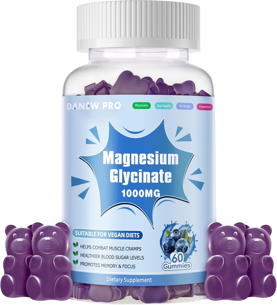 Magnesium Glycinate Gummies 1000mg - Zuckerfreie Magnesium Kalium-Ergänzung mit Vitamin D, B6, CoQ10 für ruhige Stimmung & Schlaf-Unterstützung - 60 Blueberry Gummies