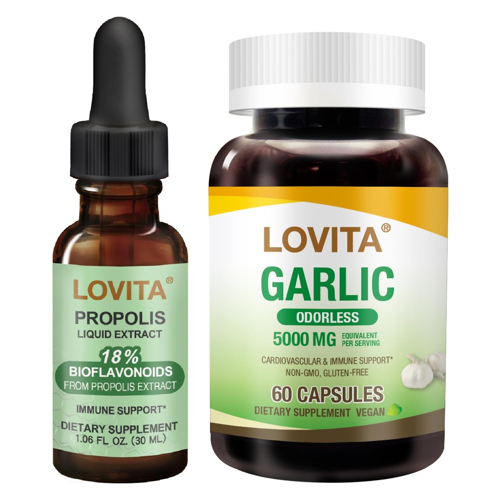 LOVITA Heart & Immune Bundle - 1 Propolis Drops & 1 Odorless Garlic Extract (5000mg), Allicin & Bioflavonoids Support (2 Pc Set)