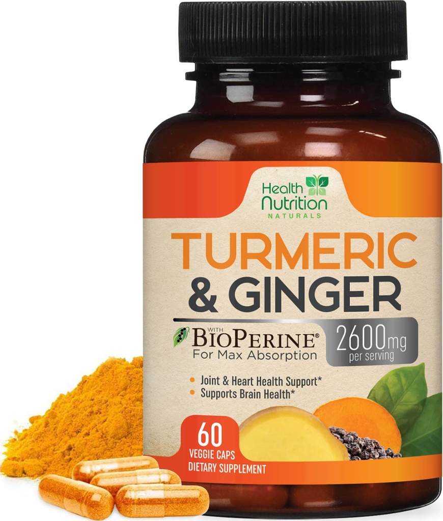 Kurkuma Ergänzung 2600mg - mit Bio Ginger & Turmeric, 95% Curcuminoids, BioPerine Black Pepper für beste Absorption, Nature's Vegan Joint Support, Non-GMO, Bottled in USA - 60 Kapseln