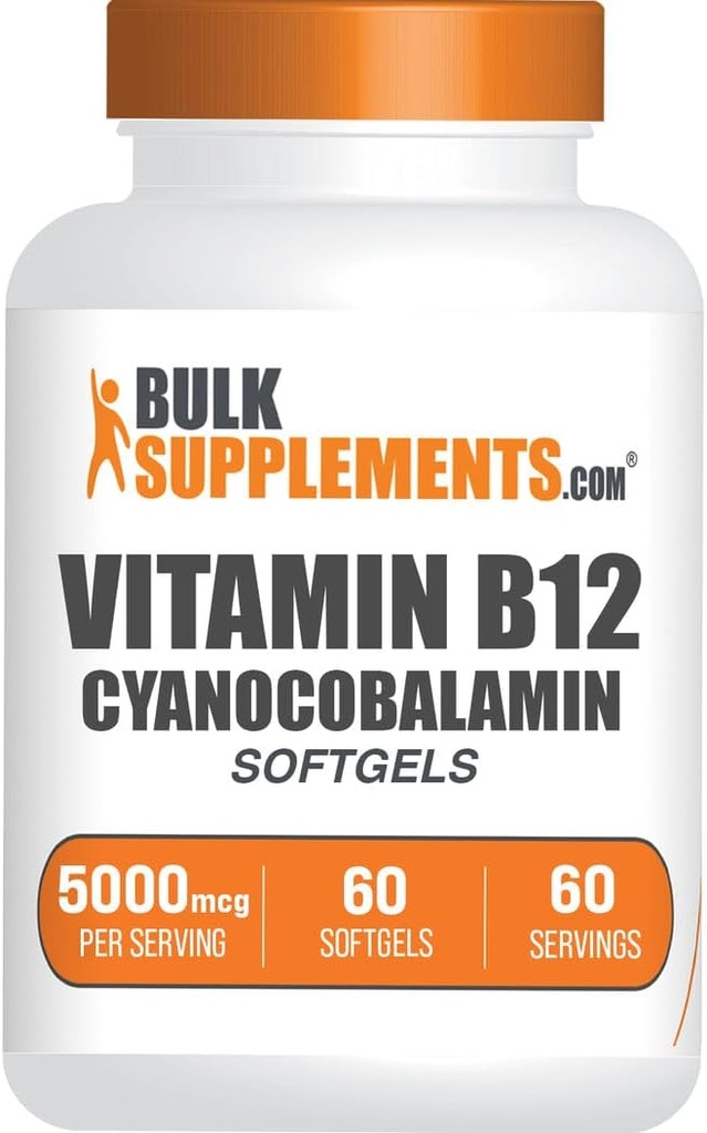 BulkSupplements.com Vitamin B12 5000 mcg Softgels - als Cyanocobalamin, Vitamin B12 Ergänzungen, für Energieunterstützung - Glutenfrei, 1 Softgel pro Servierung, 60 Zähler (Pack von 1)