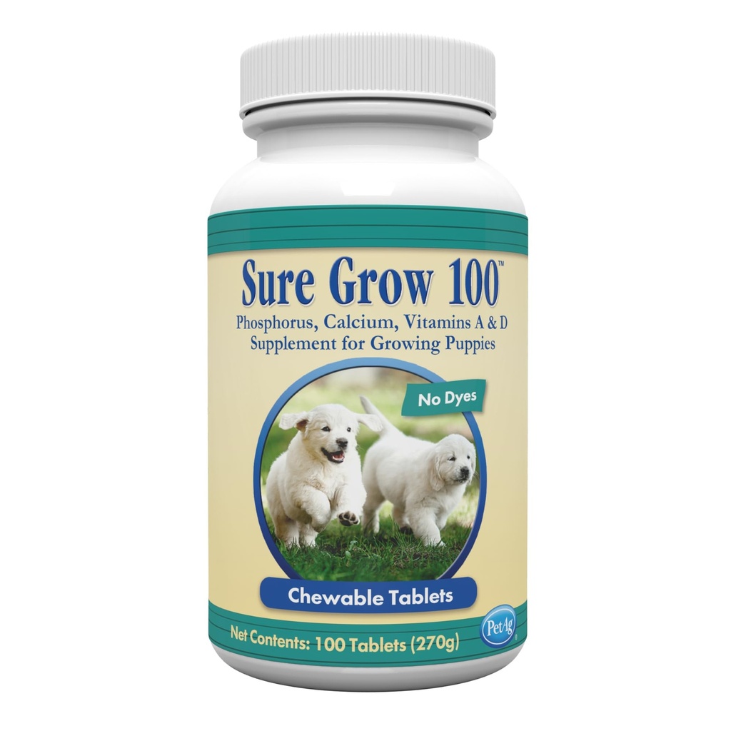 PetAg Sure Grow 100 - Fördert optimale Knochenentwicklung in Welpen Acht Wochen und älter - mit Calcium, Phosphor und Vitaminen A & D - 100 Kautabletten