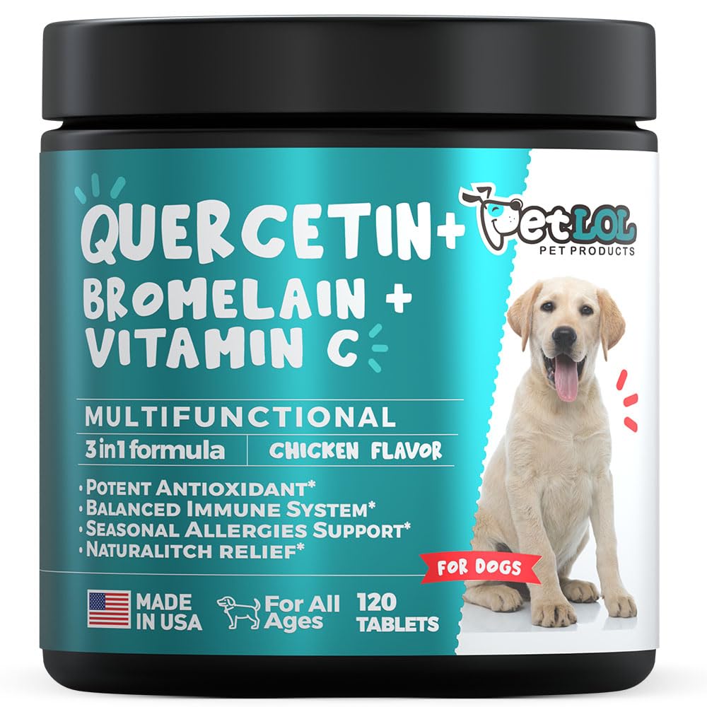 Quercetin für Hunde mit Bromelain & Vitamin C - Allergy & Itch Relief, Immun- & Entzündungsunterstützung - 120 Chewable Tablets Made in USA