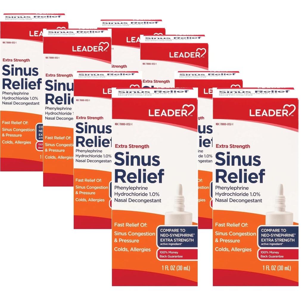 Leader Extra Strength Sinus Relief, Fast-Acting Nasal Decongestant, Sinus Congestion Relief Spray, Cold & Allergy 30 mL Bottle (Pack of 8)