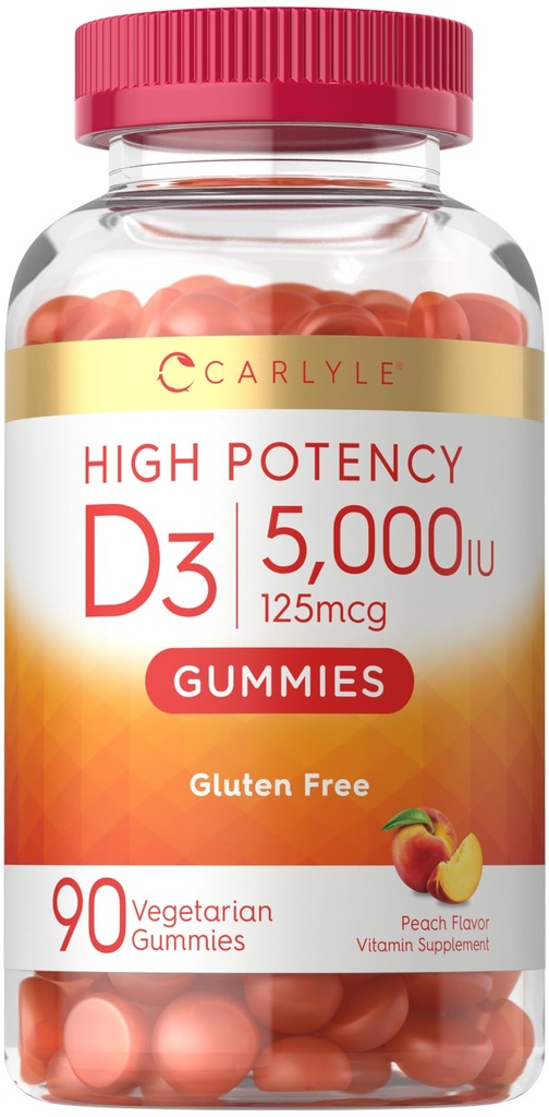 Carlyle Vitamin D3 Gummies | 5000 iu | 90 Count | Peach Flavored Gummy | Hohe Potenz für Erwachsene | Vegetarisch, Non-GMO, Glutenfreie Ergänzung