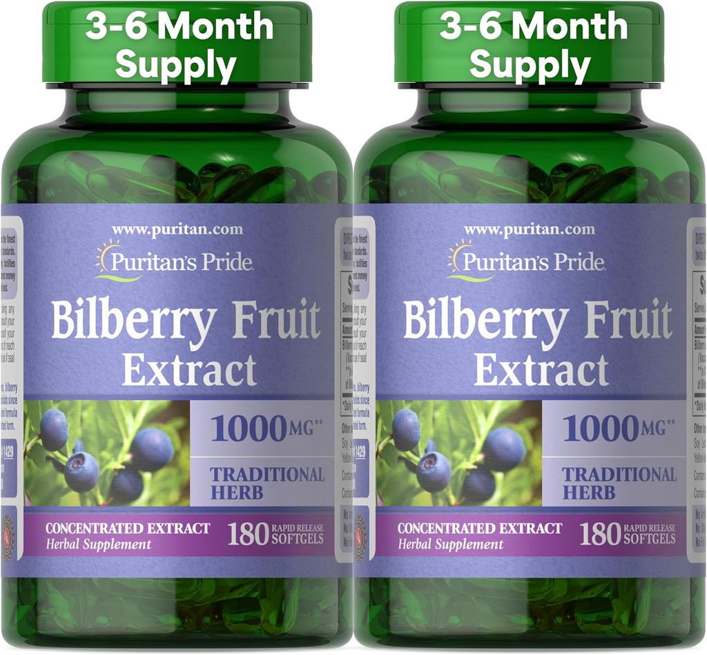 Puritan's Pride Premium Bilberry Fruit Extract 250 mg (1000 mg Äquivalent), 4:1 Konzentrierte traditionelle Kräuterergänzung, Vitamin C, 3 bis 6 Monate Versorgung, 180 Rapid Release Softgels 2-Pack