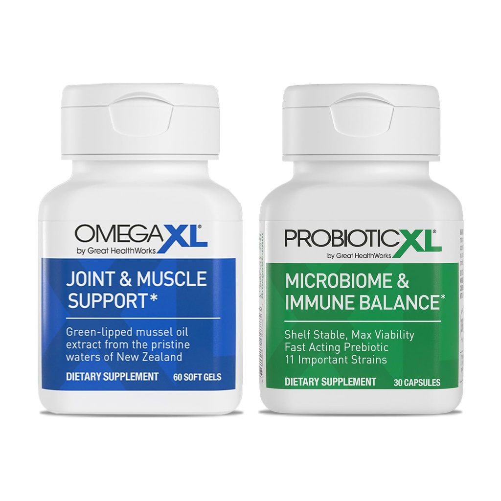 OmegaXL Powerful Joint and Muscle Support Supplement (60 Count) & Probiotic XL - PreforPro, DE111, Shelf Stable - Gesundes Gut Flora Growth (30 Veggie caps)