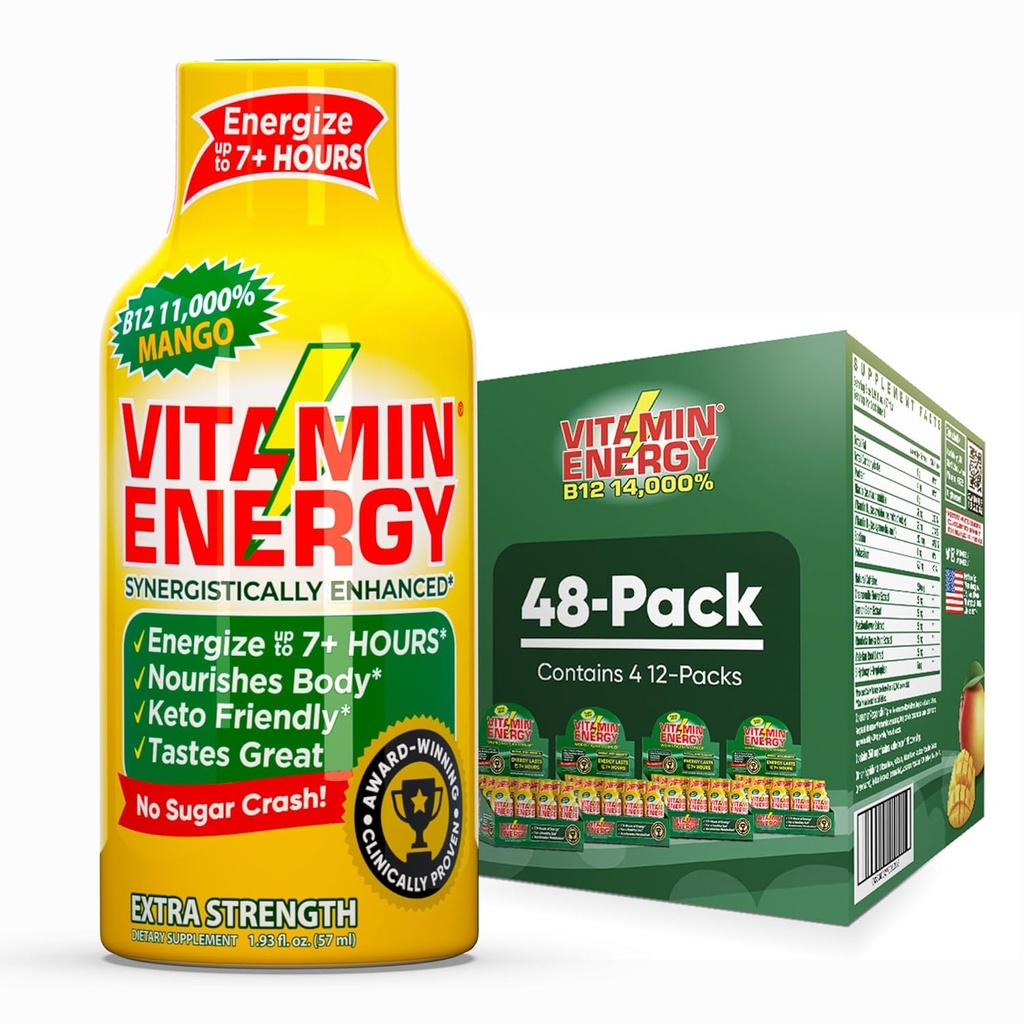 Vitamin Energy B12 11.000% Extra Strength Energy Shot Mango 48 Pack, 260mg Natural Caffeine, B12 & B6, Nootropic Focus, Vitalität, Zero Sugar, Gluten-Free, Vegan, Kosher, 1.93 fl oz