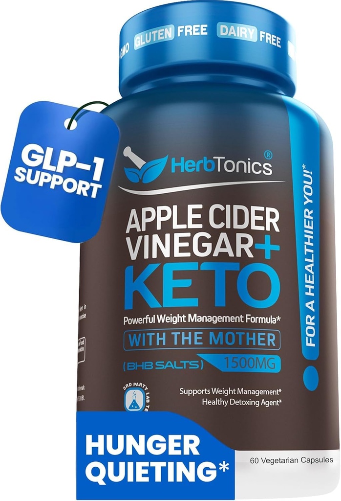 Herbtonics Apple Cider Vinegar + Keto BHB Capsules | GLP-1 Support for Appetite, Cravings & Weight Management | Metabolism Support with Satiety Support | 60 Capsules - 1 Month Supply