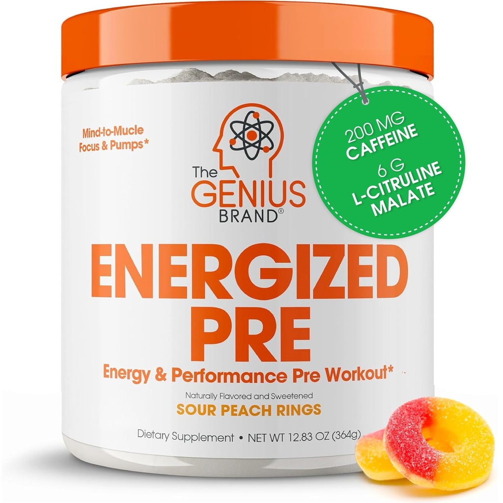 Genius Poudre de pré-entraînement énergétique – Supplément de pré-entraînement par injection de caféine avec Beta Alanine et Alpha GPC, pas d'édulcorants ou de colorants artificiels - 200mg caféine, 20 portions, anneaux de pêche acides