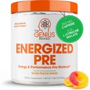 Genius Poudre de pré-entraînement énergétique – Supplément de pré-entraînement par injection de caféine avec Beta Alanine et Alpha GPC, pas d'édulcorants ou de colorants artificiels - 200mg caféine, 20 portions, anneaux de pêche acides