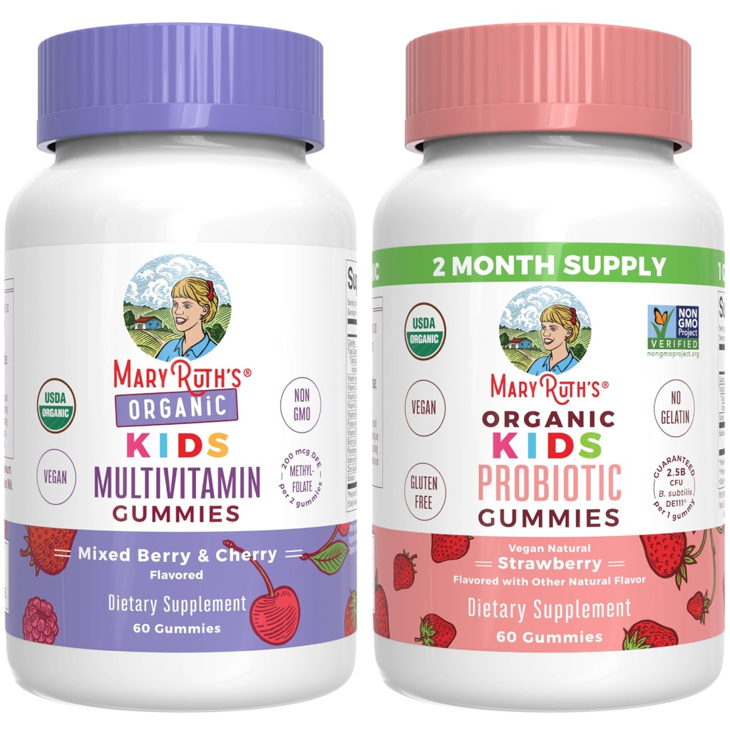 MaryRuth Organics Gummi für Kinder-Multivitamin (Mixed Berry & Cherry), & Probiotic (Strawberry) | USDA Organic, No Gelatin! | Vitamine für Immunität, Gut Gesundheit, & Gesamt Wellness | Vegan, Non-GMO