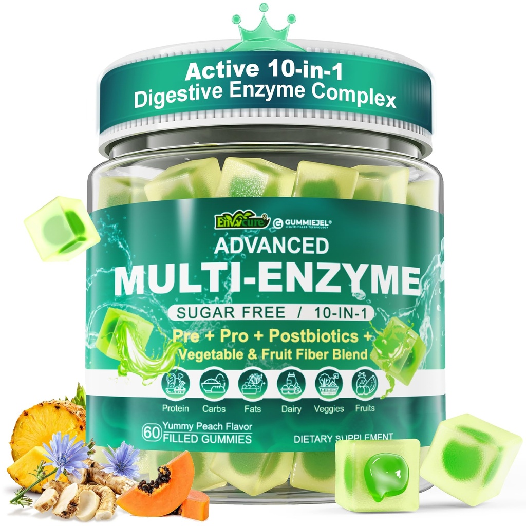 Verdauungsenzyme Gummie für Frauen und Männer, Multi-Enzyme mit 90Billion CFU Probiotics und Prebiotics & Postbiotic, Vegetable & Fruit Fiber Blend, Super Enzyme für Verdauungs- & Gut Gesundheit,Immune,60Cts