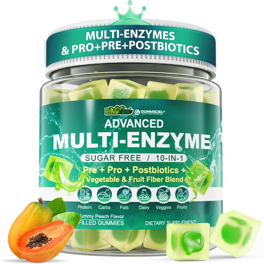 Verdauungsenzyme Gummie für Frauen und Männer, Multi-Enzyme mit 90Billion CFU Probiotics und Prebiotics & Postbiotic, Vegetable & Fruit Fiber Blend, Super Enzyme für Verdauungs- & Gut Gesundheit,Immune,60Cts