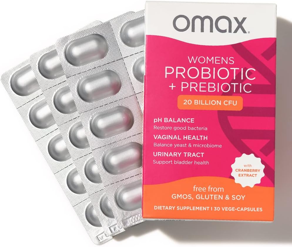 Omax Health Prebiotics and Probiotics Complex for Women, pH Balance, Vag Health, Urinary Tract, Hefe & BV Prävention, Lactobacillus & Bifidobacterium | Vegan, Organic, Gluten Free | 30 Vege-Capsules