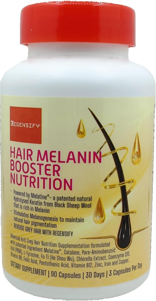 REGENSIFY Hair Melanin Booster Nutrition [Anti Grey Hair Supplement for Men & Women | Melatine®, Catalase, PABA, L-Tyrosine, He Shou Wu, Chlorella Extract, CoQ10, Folsäure, Pantothensäure]