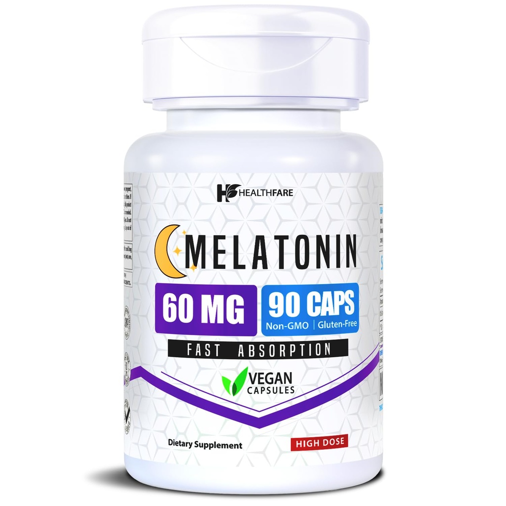 Healthfare Melatonin 60mg | 90 Veg Kapseln | High-Strength Formel | Vegetarisch, Non-GMO, Gluten-Free | Made in USA