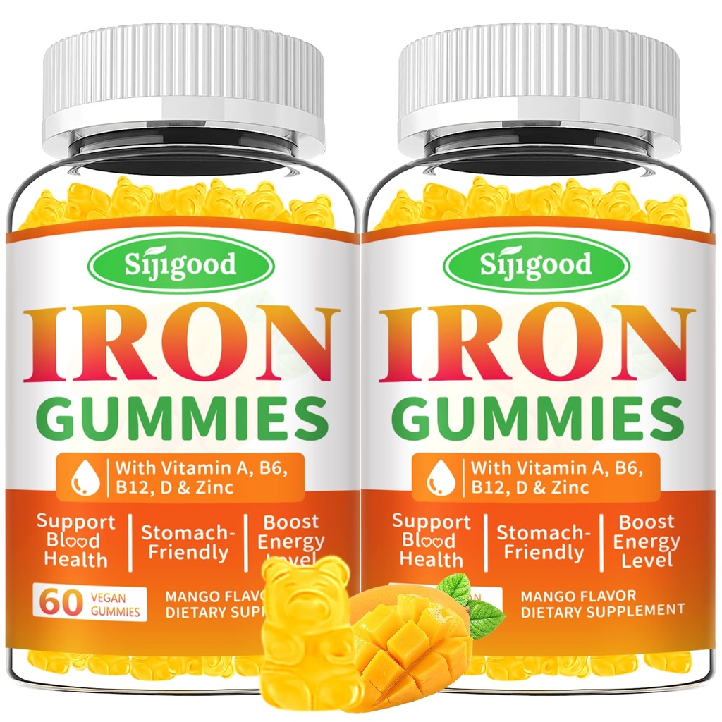 2 Pack Iron Gummies for Women & Men - Vegan Iron Supplement for Anemia & Iron Deficiency, with Vitamin B12, Vitamin C, Zinc, Folate - Energy Boost, Sugar-Free, Mango Flavor, 120 Count